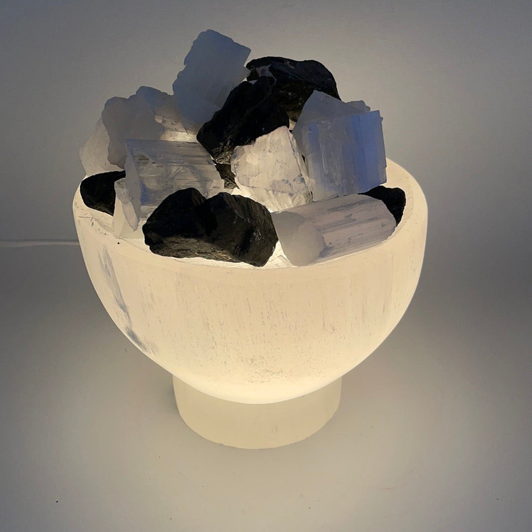 Selenite Fire Bowl Lamp with Black Tourmaline