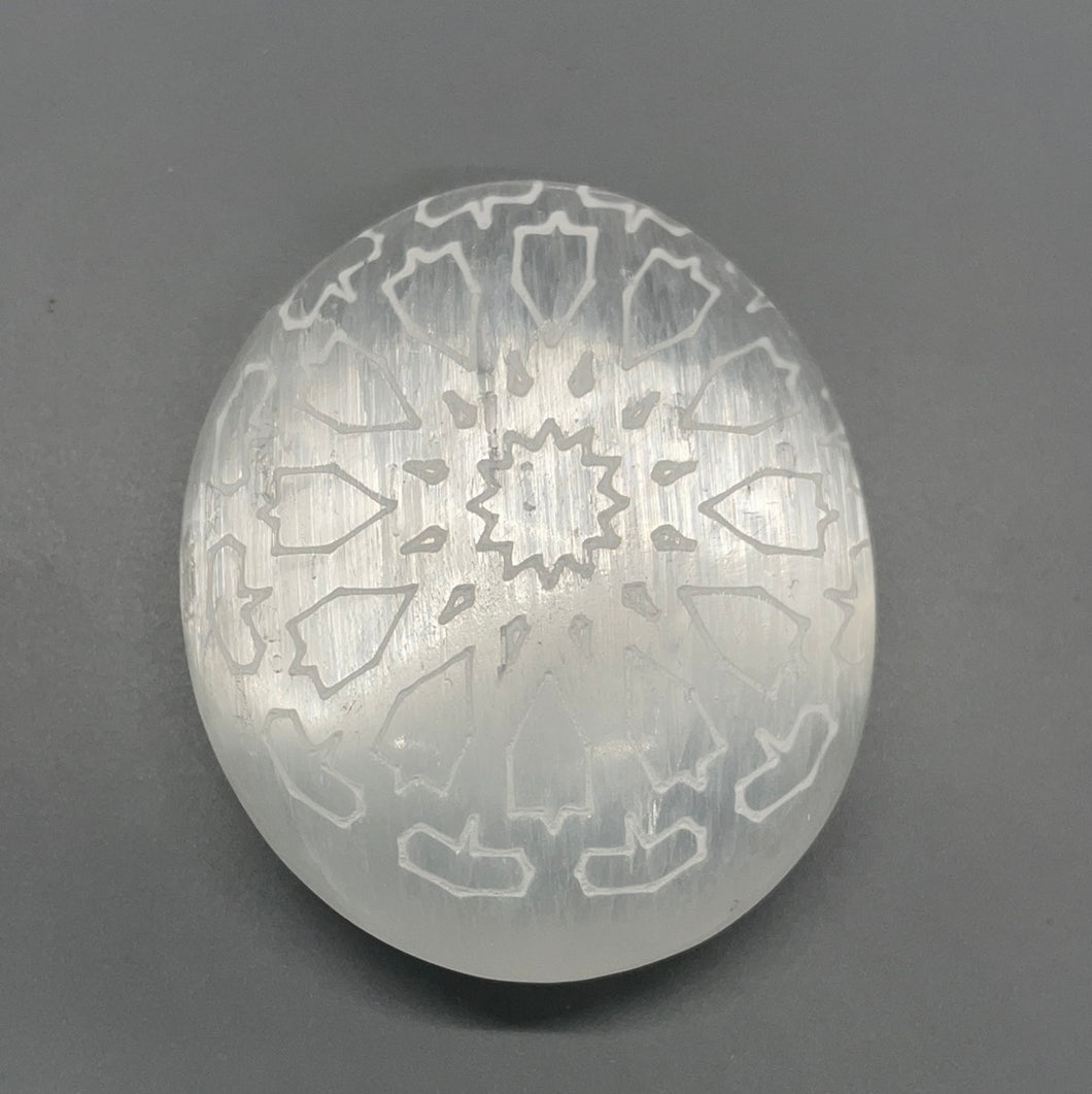Selenite Sunburst Engraved Palm Stone