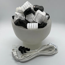 Load image into Gallery viewer, Selenite Fire Bowl Lamp with Black Tourmaline
